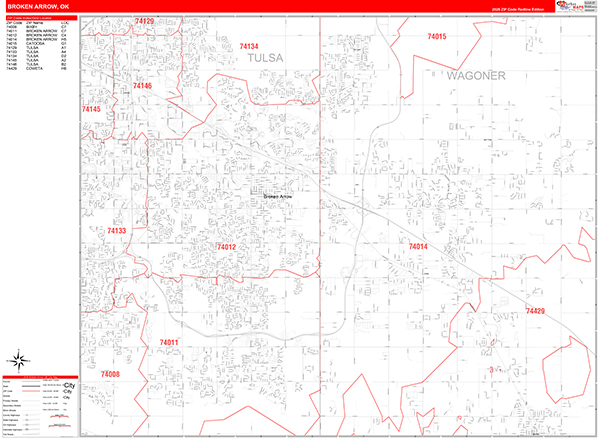 Broken Arrow City Wall Map Red Line Style